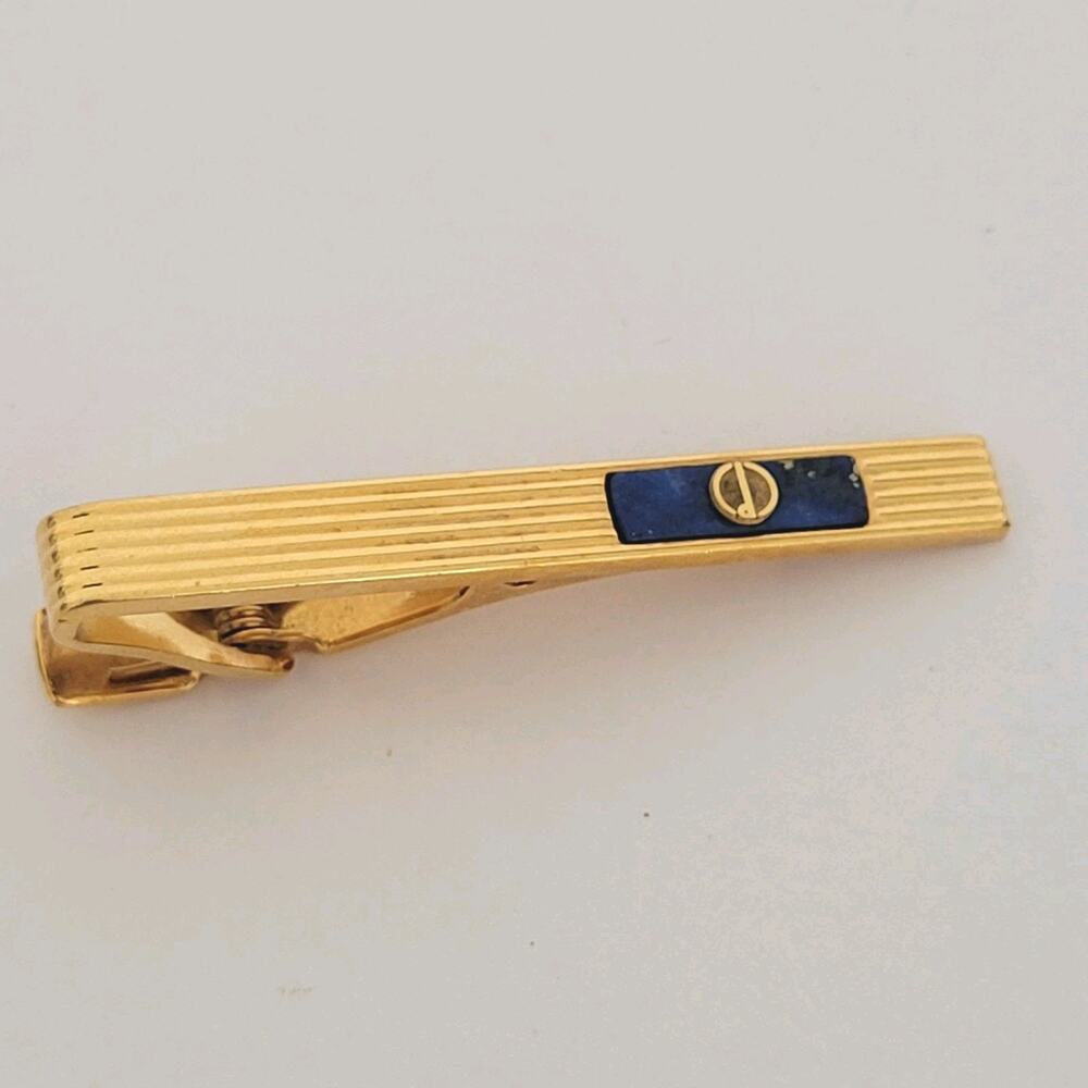 Dunhill Vintage Lapis Lazuli Striped Tie Clasp Clip Bar Gold Retro Vintage Logo